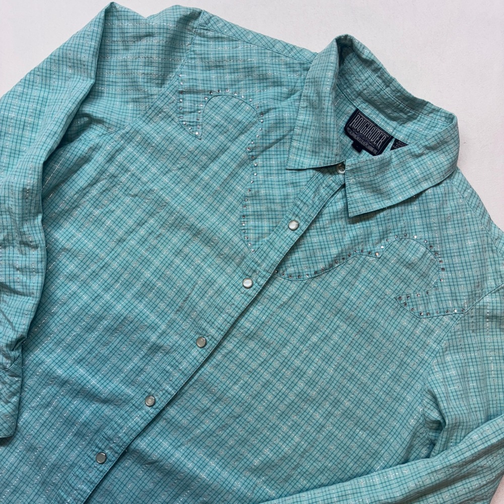 Roughrider by Circle T Turquoise Plaid Sparkle Rhinestone Western Shirt Blouse L
